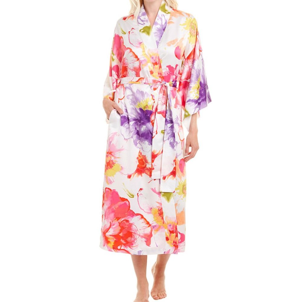 NEW Natori Women Soleli Satin Floral Watercolor Floral Belted Long Pocketed Robe - Picture 1 of 5